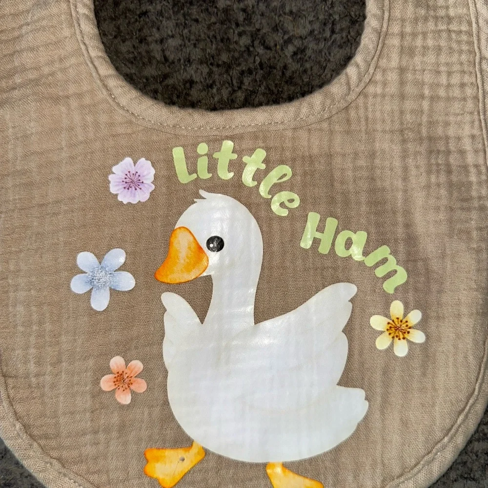 NEW Handcrafted Little Ham Beige Baby Bib with Duck Design